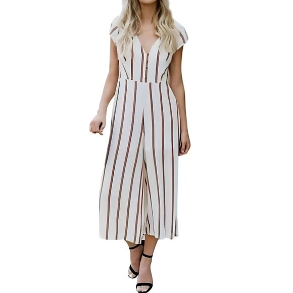 Vici White Red Striped V-neck Jumpsuit Size Medium 26873 - Picture 1 of 10